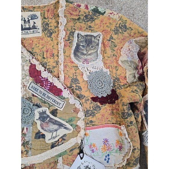 OOAK Magnolia Boho Quilted Jacket Frida Cat Bird Gypsy Patchwork Vtg INDIE sz XL - Picture 4 of 16